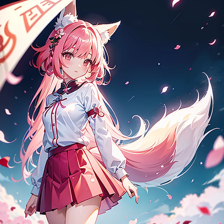 Nine snow-white fox tails (1.0), Milky white fox tail (1.0), Nine-tailed fox close-up, Nine tails, Nine tails, anime girl,pink hair,Pink skirt,flowers on hair, very Beautiful anime fox girl, Beautiful anime fox girl, Beautiful fantasy anime, Guvez, 狐狸耳朵anime girl, 美麗的anime girl, Very beautiful and cute fox girl, pink flower rain, Background blur, Anime style 4K, Anime fantasy artwork, 4k anime wallpaper, Artworks by Old Weisger