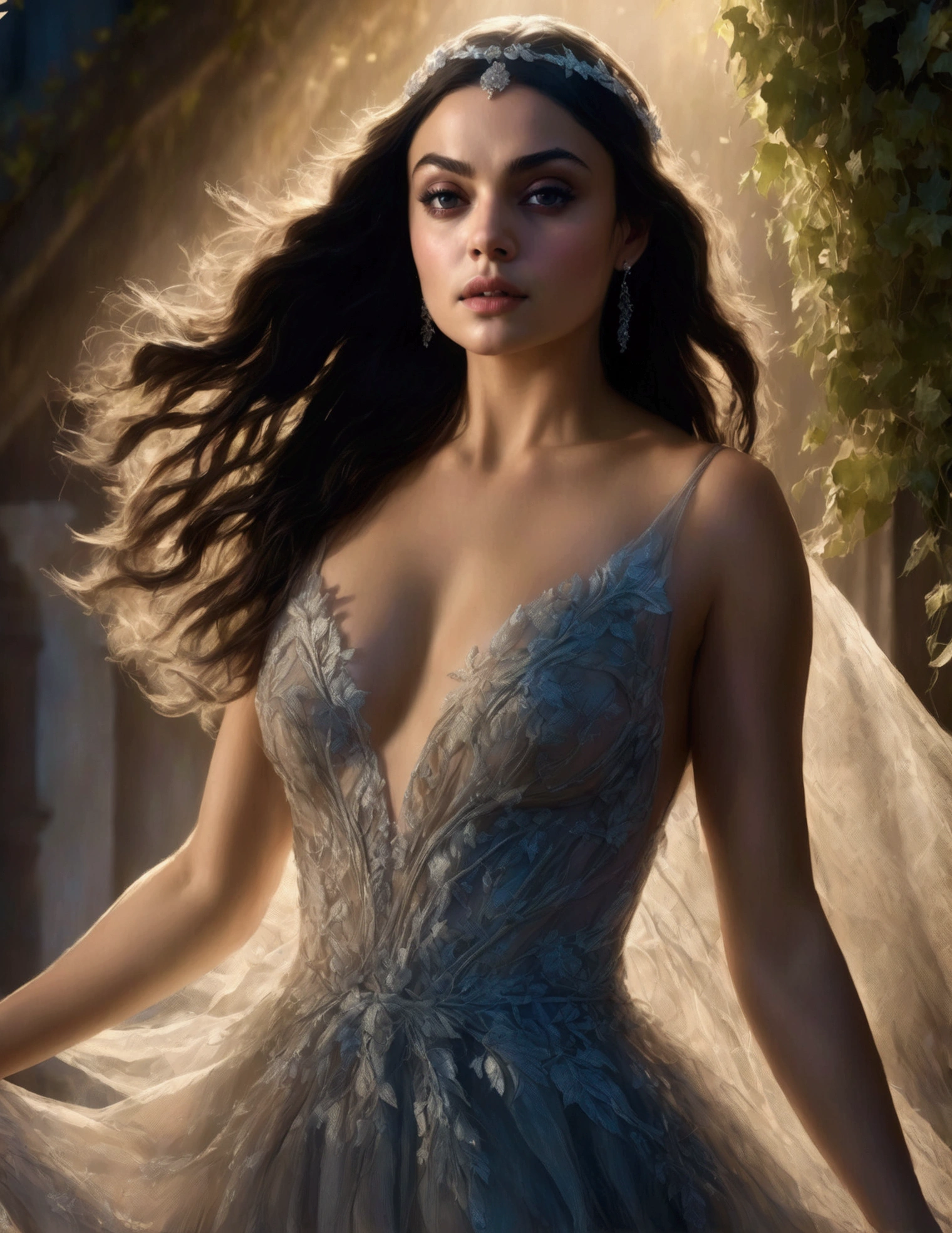 mila kunis, fairy tale princess, airy sheer gown nude underneath, dancing in moonlight, ivy garden, magical beauty, detailed face, beautiful eyes, long eyelashes, flawless skin, elegant pose, ethereal, dreamlike, fantasy, soft lighting, dramatic shadows, vibrant colors, cinematic, digital art, highly detailed, photorealistic, 8k, masterpiece