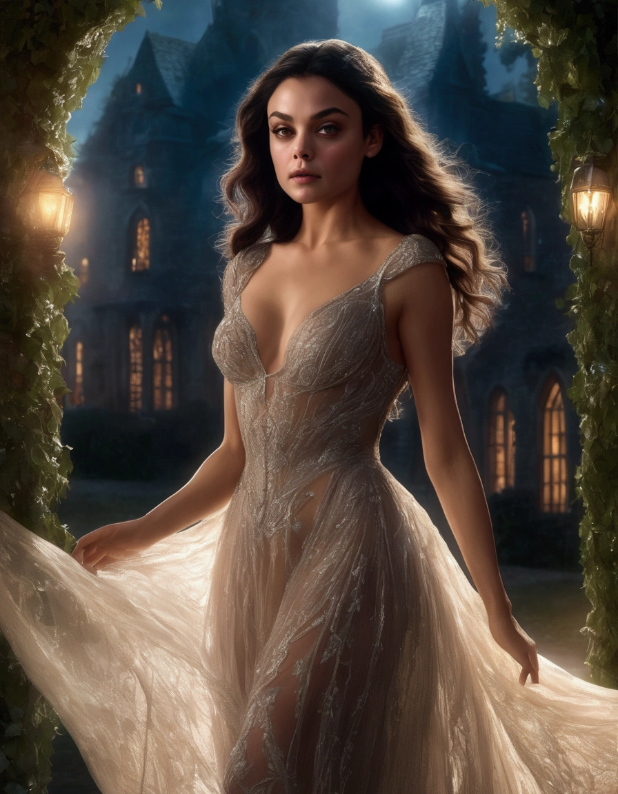 mila kunis, fairy tale princess, airy sheer gown nude underneath, dancing in moonlight, ivy garden, magical beauty, detailed face, beautiful eyes, long eyelashes, flawless skin, elegant pose, ethereal, dreamlike, fantasy, soft lighting, dramatic shadows, vibrant colors, cinematic, digital art, highly detailed, photorealistic, 8k, masterpiece