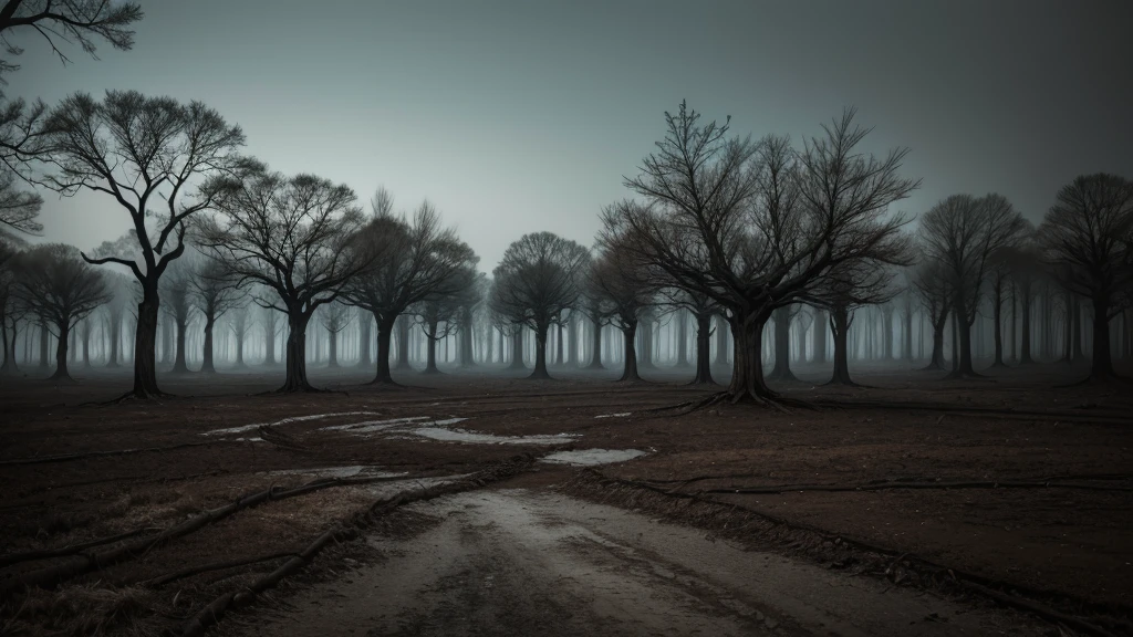 Create an image of a forest with twisted, leafless trees. The trees are black and gnarled, creating an eerie, haunting atmosphere. The landscape is dark and devoid of light, desolate and barren. The ground is infertile, covered in a layer of dark, lifeless soil. The overall mood of the scene should evoke a sense of desolation and despair, reminiscent of a nightmarish, forsaken place.