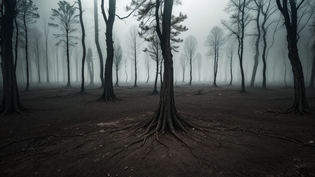 Create an image of a forest with twisted, leafless trees. The trees are black and gnarled, creating an eerie, haunting atmosphere. The landscape is dark and devoid of light, desolate and barren. The ground is infertile, covered in a layer of dark, lifeless soil. The overall mood of the scene should evoke a sense of desolation and despair, reminiscent of a nightmarish, forsaken place.