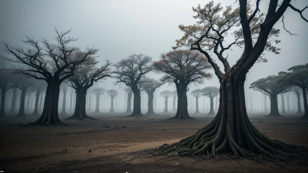 Create an image of a forest with twisted, leafless trees. The trees are black and gnarled, creating an eerie, haunting atmosphere. The landscape is dark and devoid of light, desolate and barren. The ground is infertile, covered in a layer of dark, lifeless soil. The overall mood of the scene should evoke a sense of desolation and despair, reminiscent of a nightmarish, forsaken place.