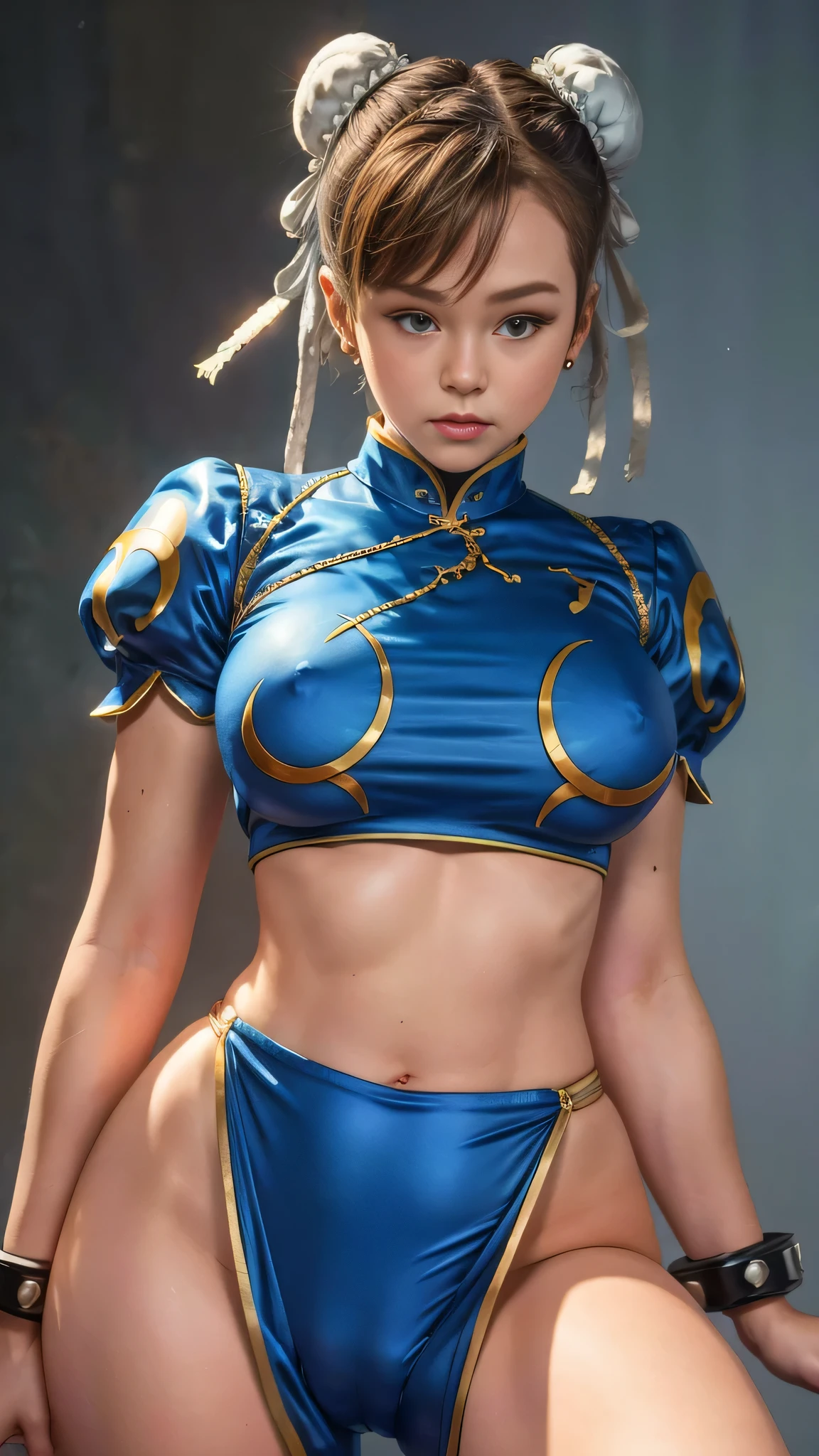 A professional studio portrait of the upper torso of a seductive Brec Bassinger (wearing Chun Li's outfit), big thighs , Long and wide flowing sleeves, (medium breasts), ((bare breasts:1.2)),((not good)), ((Chun Li's hairstyle.)), bad mood portrait, most striking features, beauty, intricate details, dramatic composition, strain, down the drain, contrast, shiny and sweaty skin, texture, Realism, renderizado de high quality, awesome art, high quality, film grain, Fujifilm XT3, detailed skin, volumetric fog, backless,