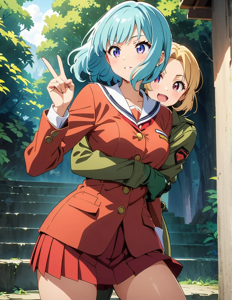 (anime artwork, anime style, studio anime, very detailed, up to date, vibrant, Anime Coloring, high contrast, masterpiece:1.2, best quality, best aesthetics),2 girl,hug from behind,army suit, pleated skirt, Medium chest, A glimpse of thighs,random hair, One eye is hidden by the bangs, perfect proportions, high detail skin, Cute, detailed faces,forest, precise fingers,panty shot ,catfight,