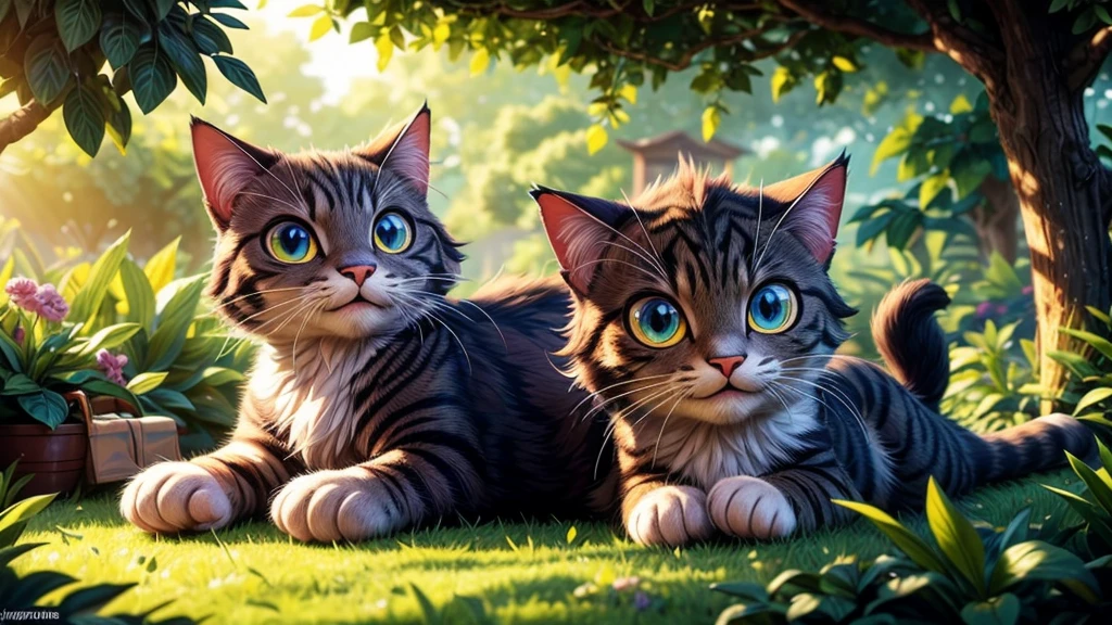 a giant cat, highly detailed, photorealistic, 8k, realistic fur texture, beautiful eyes, perfectly rendered whiskers, detailed paws, sitting in a lush garden, sunlight filtering through the leaves, vibrant colors, cinematic lighting, award winning digital art
