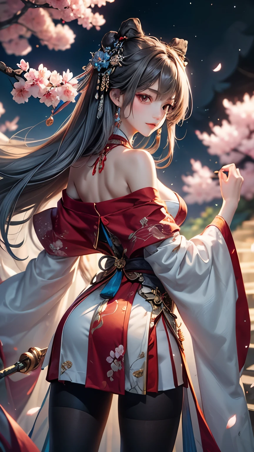(masterpiece:1.5, Highest quality, Very detailed、 Dutch Angle、Semi-realistic、Fantasy)(One Girl, alone)(Silver Hair:1.6,,Straight Long Hair)(Wearing Han clothes, Royalty、White and red Hanfu:1.5,Thick fabric,Long sleeve)、((Off the shoulder、Medium chest, Beautiful cleavage、ruby necklace))((Above the knee tights))(from back side,cherry blossoms、dead tree、Mystical Night、Particles of light float around the woman、Fantasyのためのスペース)