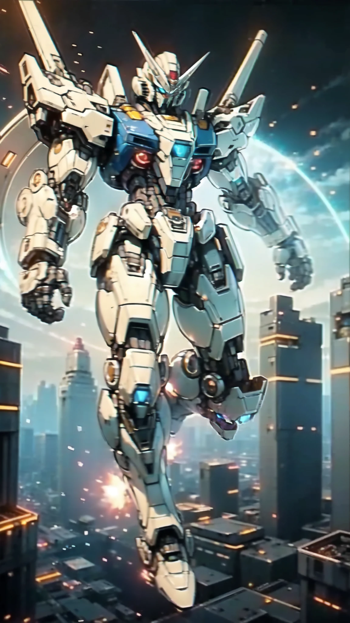(masterpiece:1.5, best quality:1.5, extremely delicate:1.5), humanoid Mecha, fully enclosed shoulder guards, matching arm and leg guards, full body, full armor, the design balances heavy with agility, (the color scheme is primarily white with red and blue accents, the concept Inspired by Super robot, organic biotech armor, standing, floating high above the futuristic sci-fi city), exquisite and mature art style, (aura effect, energy, glowing eyes, the armor glows), metallic, dramatic, high definition, highres, ultra-detailed, ultra-fine painting, professional, perfect body proportions, anatomically correct, symmetrical face, extremely detailed eyes and face, high quality eyes, creativity, RAW photo, UHD, 32k, Natural light, cinematic lighting, masterpiece-anatomy-perfect
