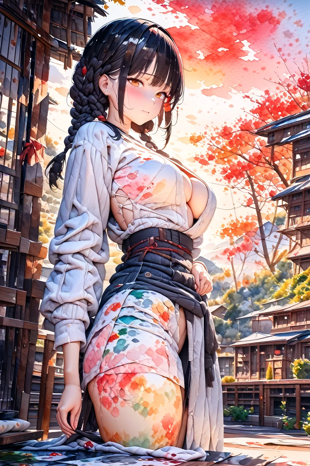(masterpiece, best quality:1.5), (ultra detailed, high resolution, 8k, beautiful detailed, UHD, best anatomy), black hair in braids, medium breasts, 1 cute girl, (watercolor painting Art:2), Beautiful Backgrounds, warm tones, Villager Clothing