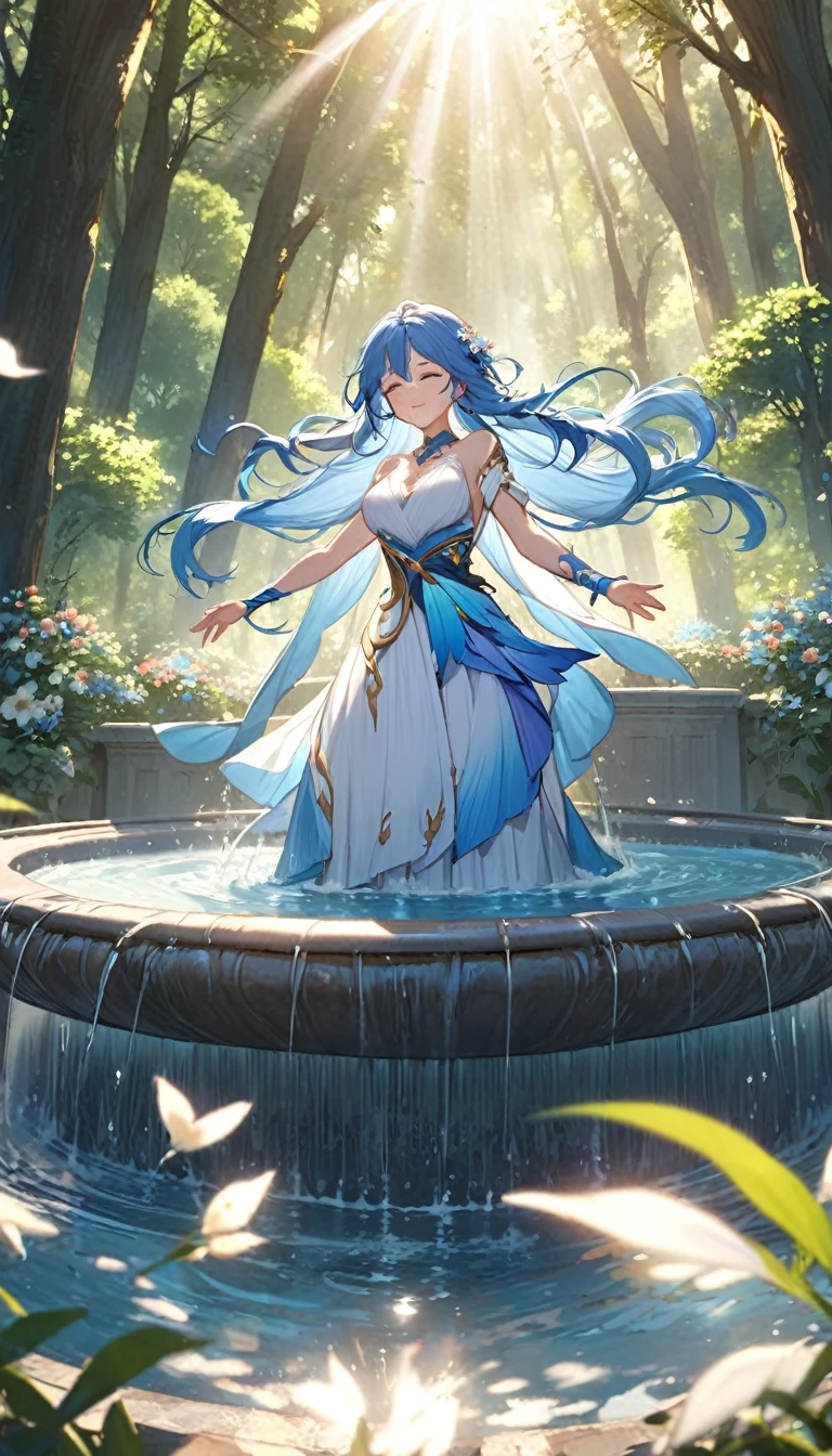 The goddess of the spring, blue hair, long hair that reaches down to her waist, Scene of rising from the fountain, Floating on the big fountain, Sunlight filtering through the trees in the forest, white dress, Reaching out