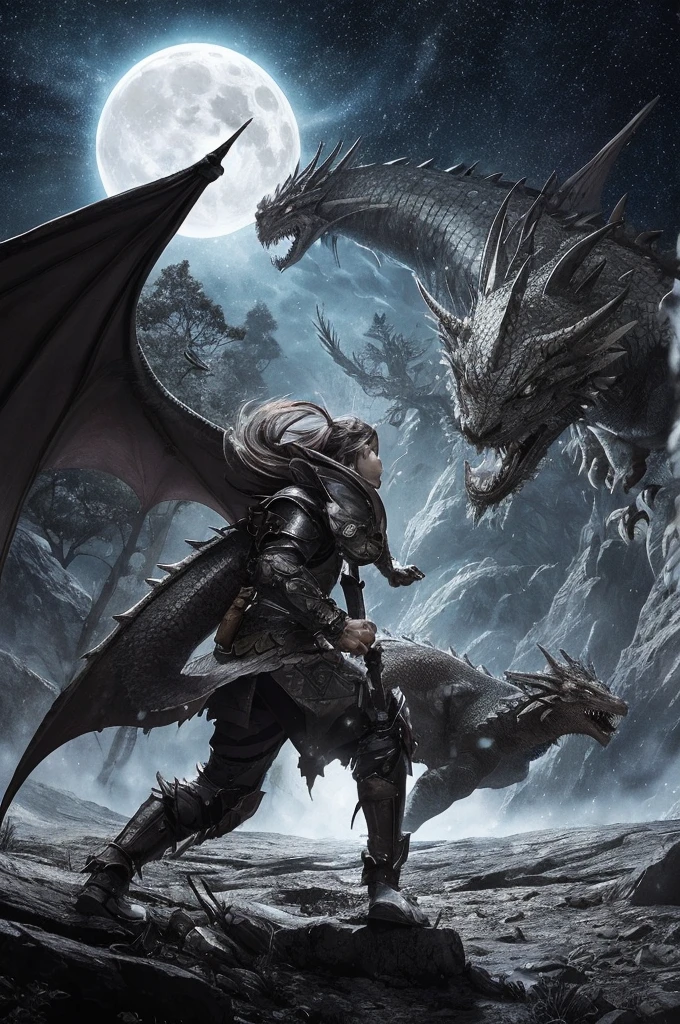 A brave young warrior, with light armor and a shining sword, Face a huge and ferocious dragon in an enchanted forest. The forest is full of tall, twisted trees, with leaves that seem to shine with a magical light. The scene is illuminated by the full moon that appears between the treetops. Fine details of dragon scales and warrior armor textures. Camera angle is low, looking up to capture the immensity of the dragon and the courage of the warrior, with the night sky in the background. The white margin around the image frames the scene, giving it a classic black and white Japanese manga look, in the style of akira toriyama