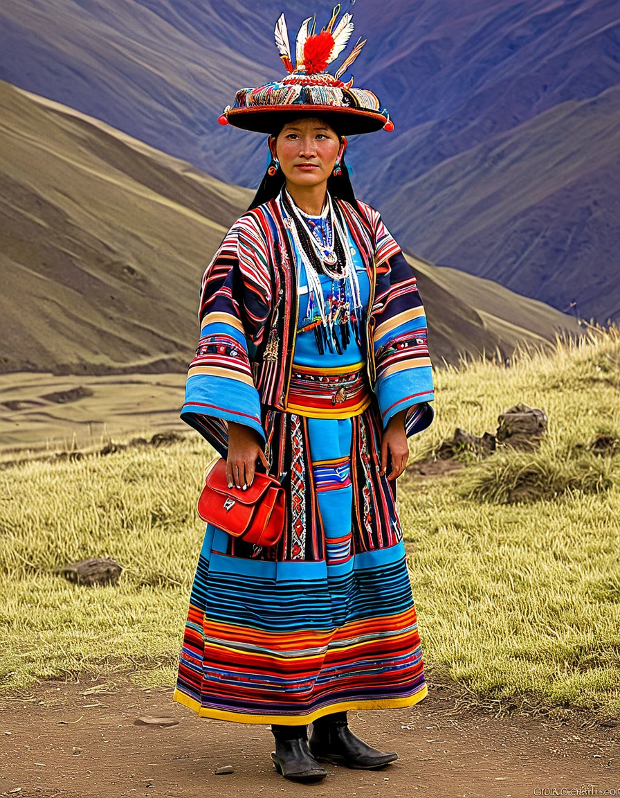 arafed woman in a colorful dress and hat with a red bag, inca style, traditional clothing, wearing ornate clothing, wearing inka clothes, traditional clothes, traditional dress, traditional costume, bolivian cholitas, wearing an ornate outfit, ornately dressed, sci-fi tibetan fashion, peruvian looking, quechua!!, she is dressed in shaman clothes