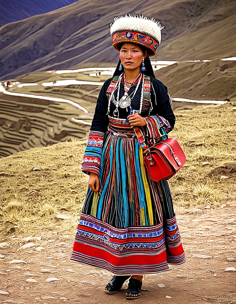 arafed woman in a colorful dress and hat with a red bag, inca style, traditional clothing, wearing ornate clothing, wearing inka clothes, traditional clothes, traditional dress, traditional costume, bolivian cholitas, wearing an ornate outfit, ornately dressed, sci-fi tibetan fashion, peruvian looking, quechua!!, she is dressed in shaman clothes