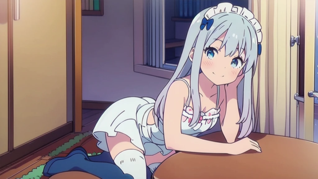 ute anime girl cute beautiful great quality excellent quality of detail in white maid dress with blue white stockings short skirt blue eyes blue white hair in the room  nekomimi kawai girl