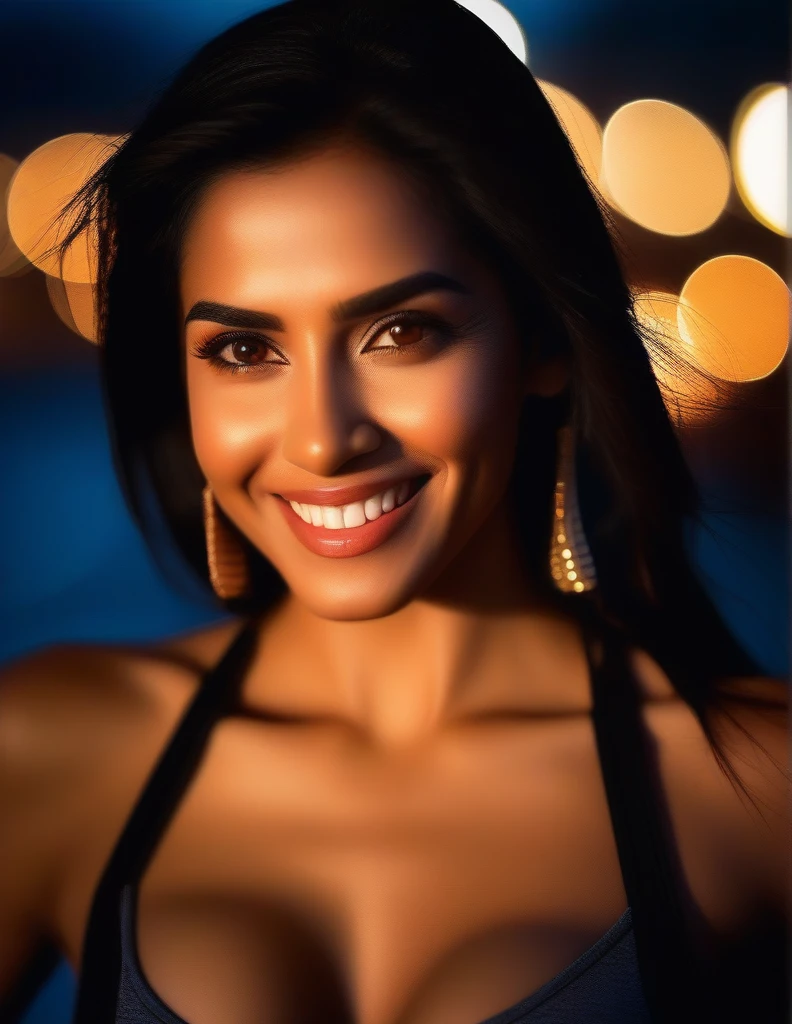 hires portrait photo of Asin woman, outdoors, realistic skin texture, smiling, close up face, sexy yoga pose, sleeveless sports bra, deep cleavage, smiling, night time, beautiful bokeh  