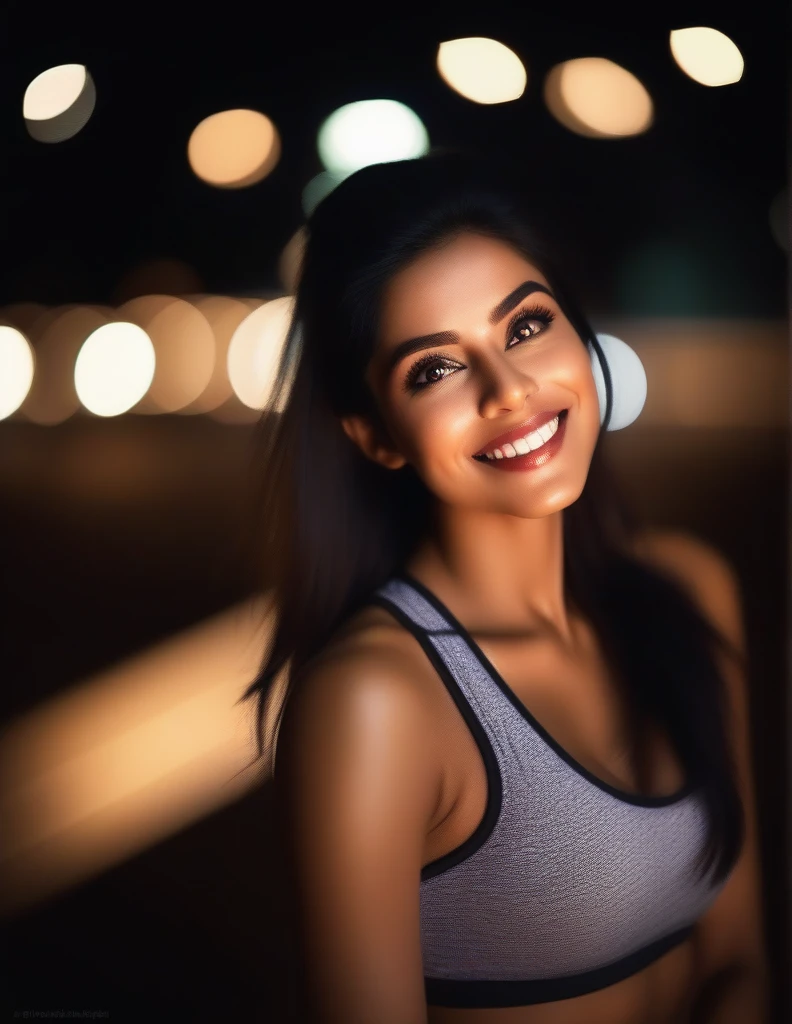 hires portrait photo of Asin woman, outdoors, realistic skin texture, smiling, close up face, sexy yoga pose, sleeveless sports bra, deep cleavage, smiling, night time, beautiful bokeh  