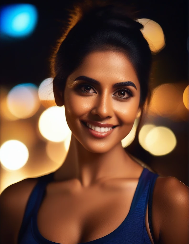 hires portrait photo of Asin woman, outdoors, realistic skin texture, smiling, close up face, sexy yoga pose, sleeveless sports bra, deep cleavage, smiling, night time, beautiful bokeh  