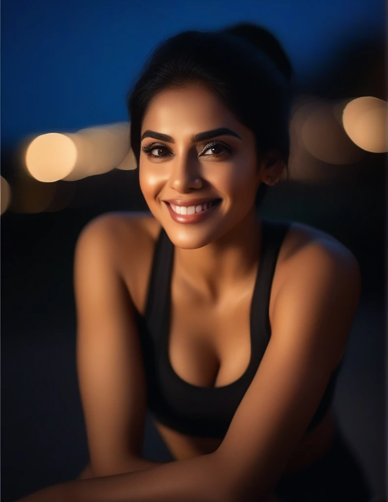hires portrait photo of Asin woman, outdoors, realistic skin texture, smiling, close up face, sexy yoga pose, sleeveless sports bra, deep cleavage, smiling, night time, beautiful bokeh