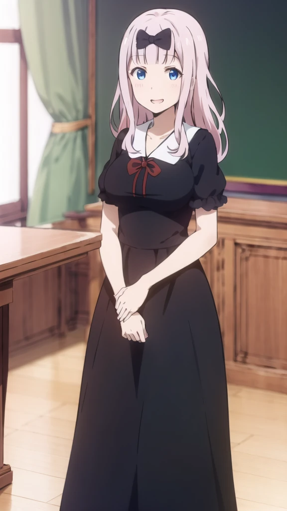 best quality, (masterpiece:1.2), detailed,
fujiwara chika (kaguya-sama),
1girl, solo, open mouth, smile,
pink hair, blue eyes, long hair,
, black dress, hair bow, black bow, red ribbon,
standing, hands together, looking at the viewer,
classroom