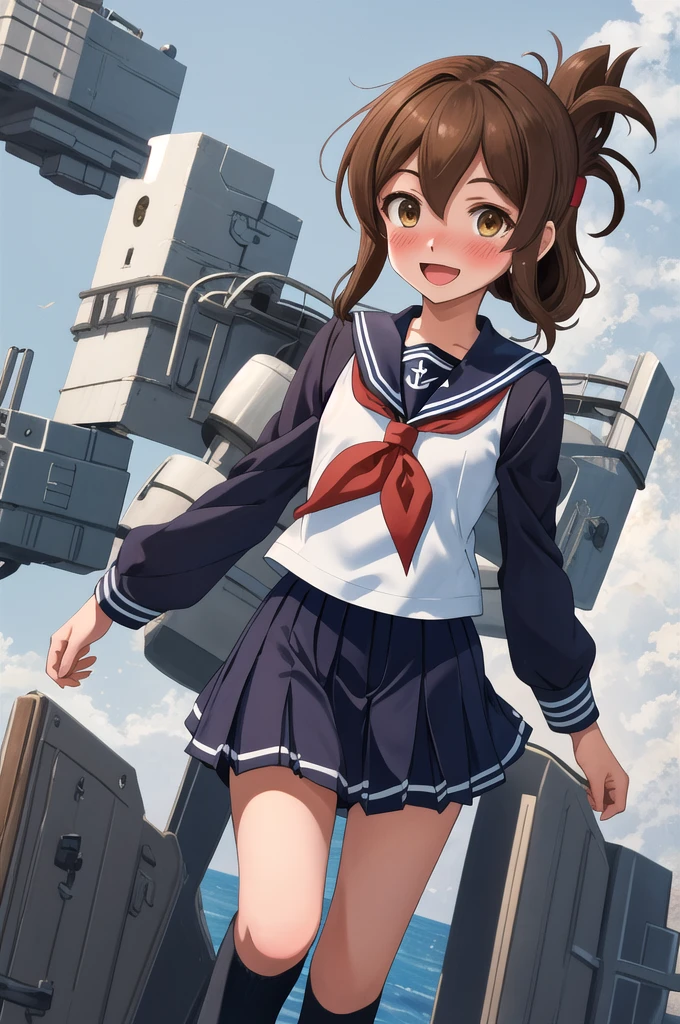 Highest quality, masterpiece, High resolution, alone, {inazuma_Fleet Collection:1.15}, brown_hair, Folded_ponytail, brown_eye, length_hair, blush, Open_mouth, smile, Sailor suit