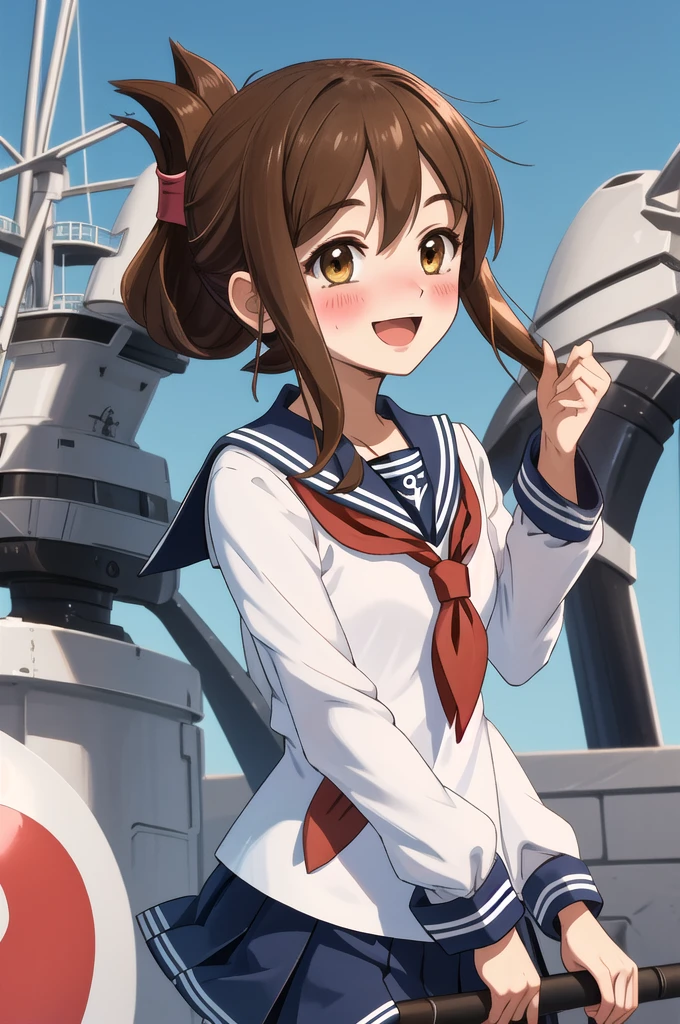 Highest quality, masterpiece, High resolution, alone, {inazuma_Fleet Collection:1.15}, brown_hair, Folded_ponytail, brown_eye, length_hair, blush, Open_mouth, smile, Sailor suit
