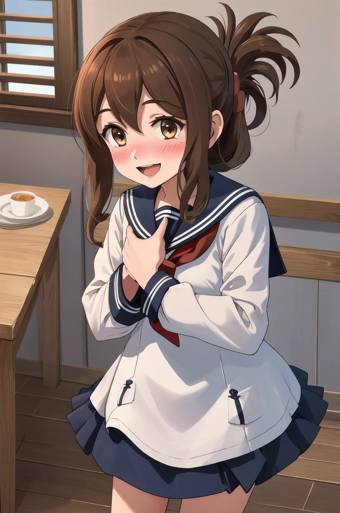 Highest quality, masterpiece, High resolution, alone, {inazuma_Fleet Collection:1.15}, brown_hair, Folded_ponytail, brown_eye, length_hair, blush, Open_mouth, smile, Sailor suit