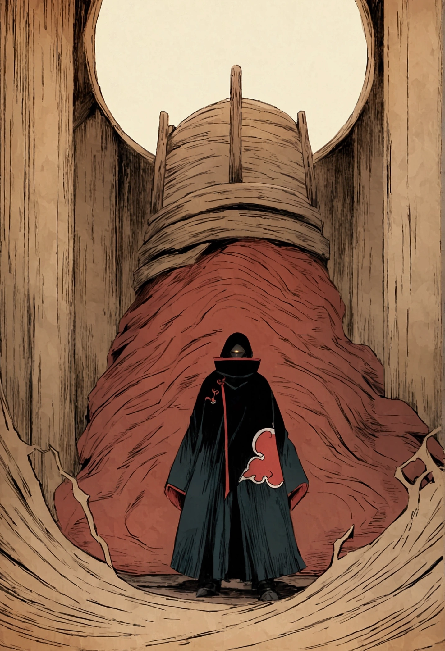 masashi kishimoto&#39;s comic art, robot surrounded by wood and metal textures, wearing an akatsuki cloak with scarves covering the neck, fundo um deserto vazio e quente