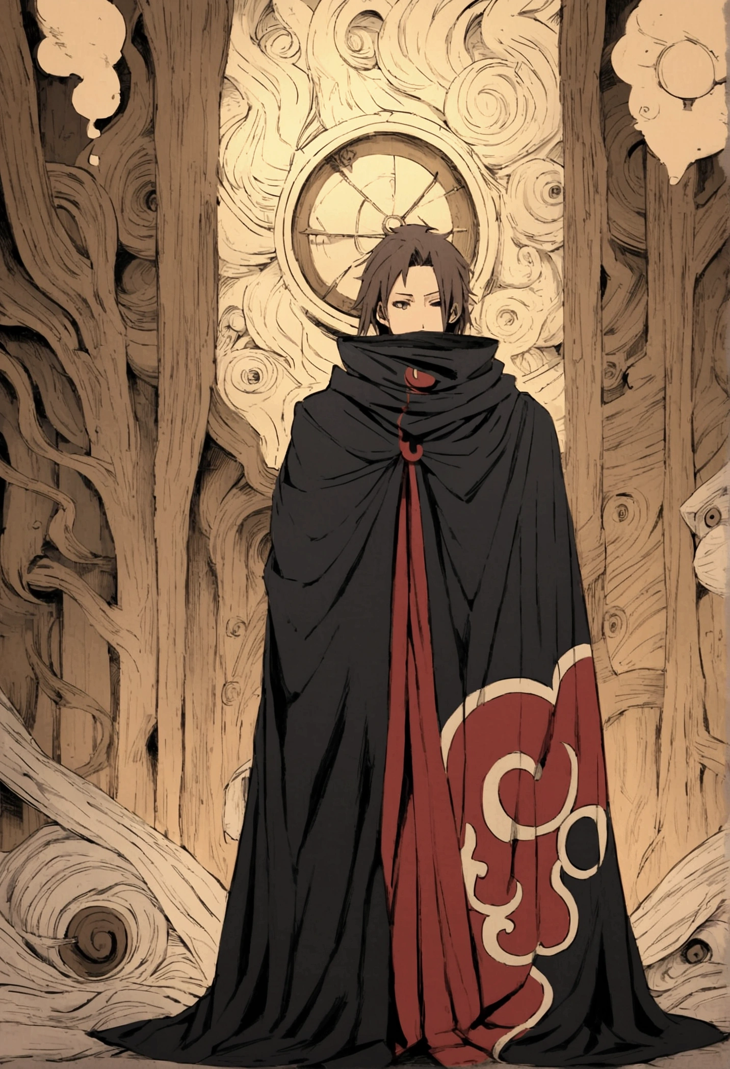 masashi kishimoto&#39;s comic art, robot surrounded by wood and metal textures, wearing an akatsuki cloak with scarves covering the neck, fundo um deserto vazio e quente