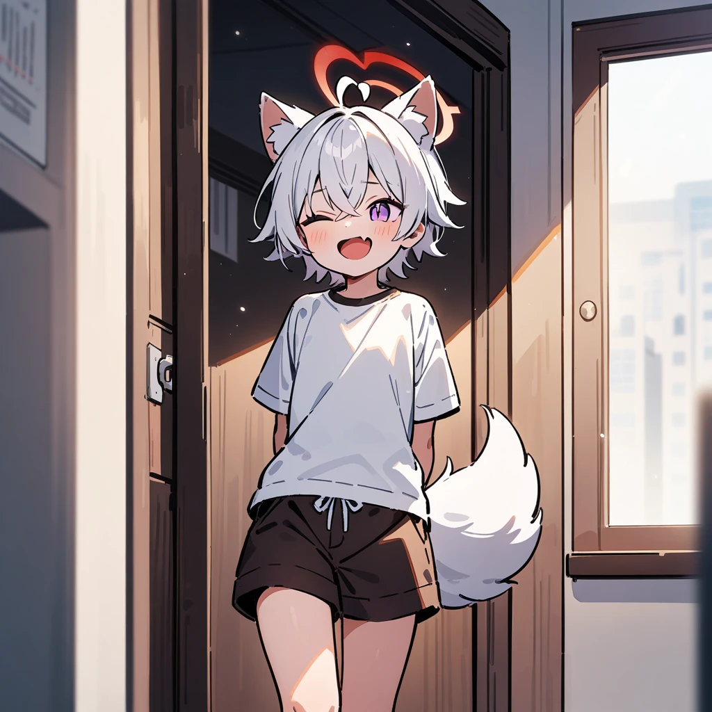 （masterpiece：1.2，high quality），4K，High resolution，A seven-year-old boy，cute boy， white hair，short hair，crossed bangs，purple eyes，slit pupils，one eye closed，heart ahoge，red halo，cat ears，laughing，skin fang，Wearing a white shirt，dark brown shorts，Standing in the room，Next to it is the window，curtain，primary school student，thigh，alone，dog tail，((Hands behind your back))