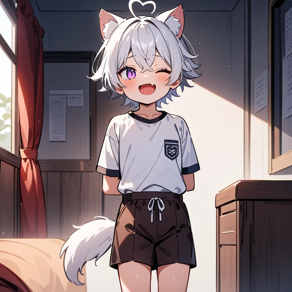 (masterpiece:1.2,high quality),4K,High resolution,A seven-year-old boy,cute boy, white hair,short hair,crossed bangs,purple eyes,slit pupils,one eye closed,heart ahoge,red halo,cat ears,laughing,skin fang,Wearing a white shirt,dark brown shorts,Standing in the room,Next to it is the window,curtain,primary school student,thigh,alone,dog tail,((Hands behind your back))