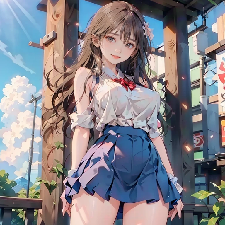 ((((highest quality)))), (((Ultra-precision CG 16K))), (((masterpiece))), (((Very detailed))), (((Extremely detailed))), (((Black outline:1.3, Written boundary depth:1.3 , Written soft outline))), Maximum clarity and sharpness,Multilayer Texture, Surface Shading, Cinematic lighting, Beautiful details sparkle ,Perfect Proportions, Limited to three woman, BREAK accurate, Anatomically correct, Highly detailed face and skin texture, drawn in detail, Highly detailed facial and skin texture, Detailed eyes, beautiful hair, Beautiful Japanese Idol face, Beautiful and beautiful eyes, Beautiful body, Beautiful breasts, Beautiful thighs, Beautiful legs, Beautiful fingers, (Beautiful views) , skinny body, ((Beautiful Skin)), ((Skin Texture)) BREAK breast enlarged, medium Breasts, rocket breasts, (((perky breasts))), ((covered nipples)), slender waist, (smiling , narrow eyes, blush, determined expression, hot, sweaty , Heavy breathing,) BREAK (((wearing oversized character printed tank top, wearing Jersey in a casual way, wearing pleats mini-skirt, breasts is covered by outfit))) , wearing earrings, BREAK ( stick breast out),(((looking at viewer, super detailed background , cumulonimbus of summer sky, high school student standing quietly and put hands in the pocket at vivid green Vast grasslands , ((closeup face)), from front , from below ))),