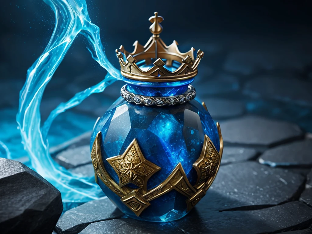 crown with swirling blue magic on a stone pedastal, magic item, antique crown, digital painting, fantasy art, dungeons and dragons, pathfinder cover art, D&D, magic the gathering, stylized