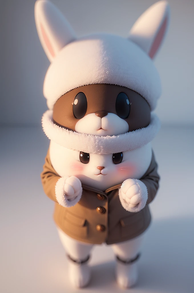 Symmetric,Front view,3d, A marshmallow-like character wearing a rabbit ushanka, Head height,Simple,Looking into the camera,Animal Cap