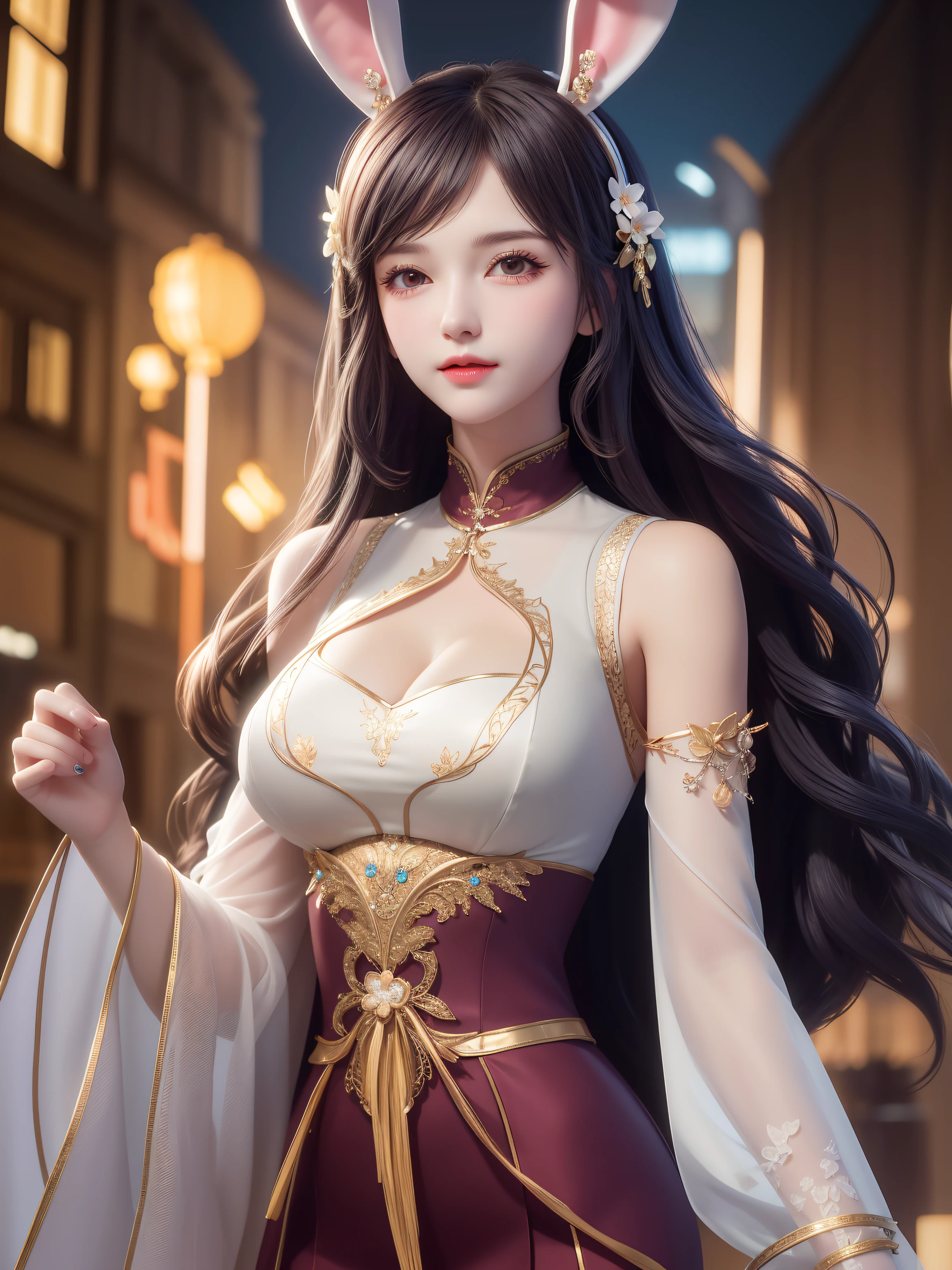 1 woman,mature woman, looking at viewer, cityscape, night, headdress, long hair, fake animal ears, skirt,shirt,clothing cutouts, bunny ears, separated sleeves,lovely and beautiful girl，lovely and delicate，unrivaled beauty，delicate hair accessories，commiserate，（messy hair），lace costumes，Supple skin，Fashion Lab，delicate picture，clover hairpin，blue，ultra high definition，8k，depth of field，（macro lens），Ambient lighting，high light，Upper body animation style,comic book,High quality above the waist