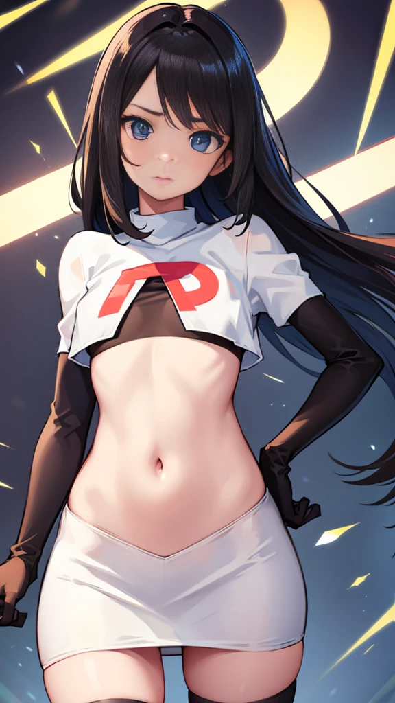 pokemon Elisa, pokemon elisa, Brown eyes, black fur, by the wide (small breasts:1.2),
Team Rocket,Team Rocket uniform, red letter R, White skirt,White crop top,black thigh high stockings,black elbow length gloves BREAK looking at viewer,
BREAK (masterpiece:1.2), Best Quality, High resolution, unity wallpaper 8k, (illustration:0.8), (beautiful detailed eyes:1.6), extremely detailed face, perfect lighting, Extremely detailed CG, (perfect hands, perfect anatomy),