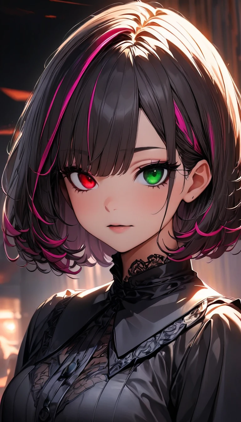 (highest quality:1.2, Very detailed, up to date, Vibrant, Ultra-high resolution, High Contrast, masterpiece:1.2, highest quality, Best aesthetics), Portraiture、girl、solo, (25-years-old:1), slim, , heterrochromia, green eye, red eye, ((gothic lolita:1.3)), intricate black lace dress,r uffles,bows, high collar, (in charch), Stained glass, Bright colors、Beautiful fine details、Beautiful lip detail、extra short hair, ((bob cut:1.5))、pink and purple, ((streaked hair:1.9)), (highlights hair: 1.6), (small breast:1.3), (tan skin:0.7), (cowboy shot:1.3),