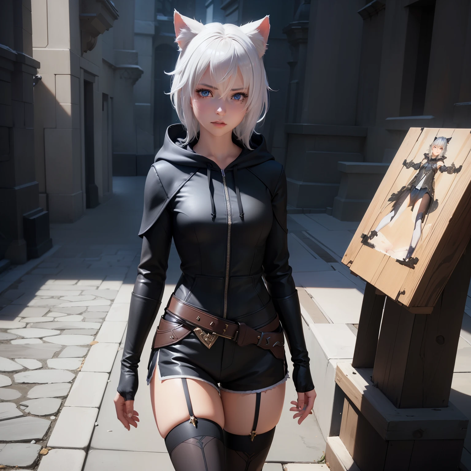 1 girl, character with cat ears, silver hair, short hair, beautiful detailed eyes, beautiful detailed lips, extremely detailed eyes and face, long eyelashes, wearing black hooded outfit, thigh-high stockings, garters, short shorts, (best quality,4k,8k,highres,masterpiece:1.2),ultra-detailed,(realistic,photorealistic,photo-realistic:1.37),concept art, fantasy, cinematic lighting, dramatic shadows You decided to wear a hoodie and covered your body, hiding yourself Rey 