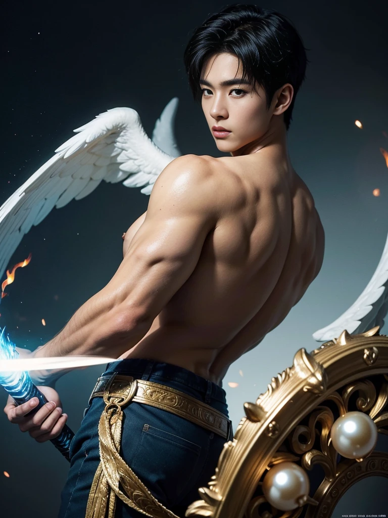 A asian boy like Mighty Archangel Michael, 20-29 years old, handsome, kpop idol actor, many jawline, manly chin, Full Body Shoot, (eyes contact), detailed facial parts, Manly, bare chest,
Quiff haircut :: high detail, is in highly detailed battle armor, holding a detailed flaming blue sword of golden pearls, detailed fingers, a flaming sacred aura radiating from his body, stylish model pose, moon background, surreal, fantasy, magical, intricate details, depth of field. Best quality, masterpiece, ultra high resolution, (anime realism, photorealistic: 1.4), perfect composition, centered, symmetry