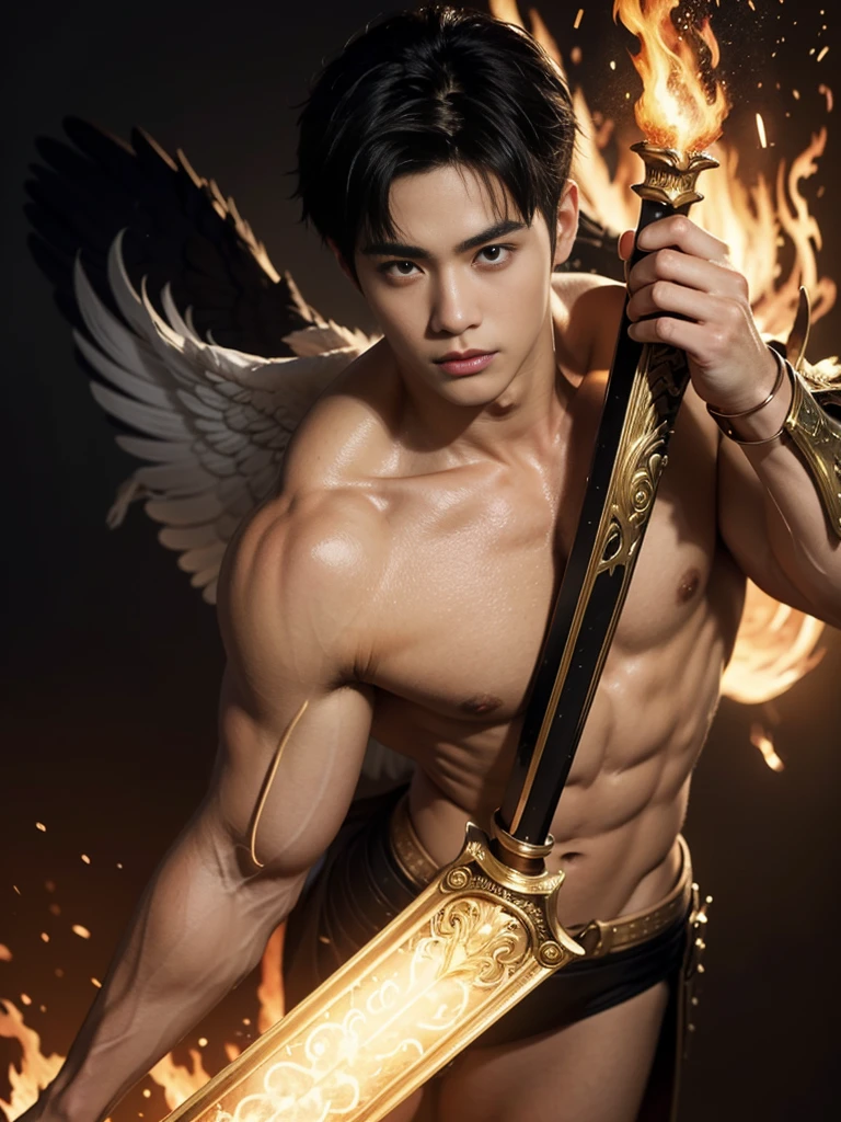 A asian boy like Mighty Archangel Michael, 20-29 years old, handsome, kpop idol actor, many jawline, manly chin, Full Body Shoot, (eyes contact), detailed facial parts, Manly, bare chest,
Quiff haircut :: high detail, is in highly detailed battle armor, holding a detailed flaming blue sword of golden pearls, detailed fingers, a flaming sacred aura radiating from his body, stylish model pose, moon background, surreal, fantasy, magical, intricate details, depth of field. Best quality, masterpiece, ultra high resolution, (anime realism, photorealistic: 1.4), perfect composition, centered, symmetry