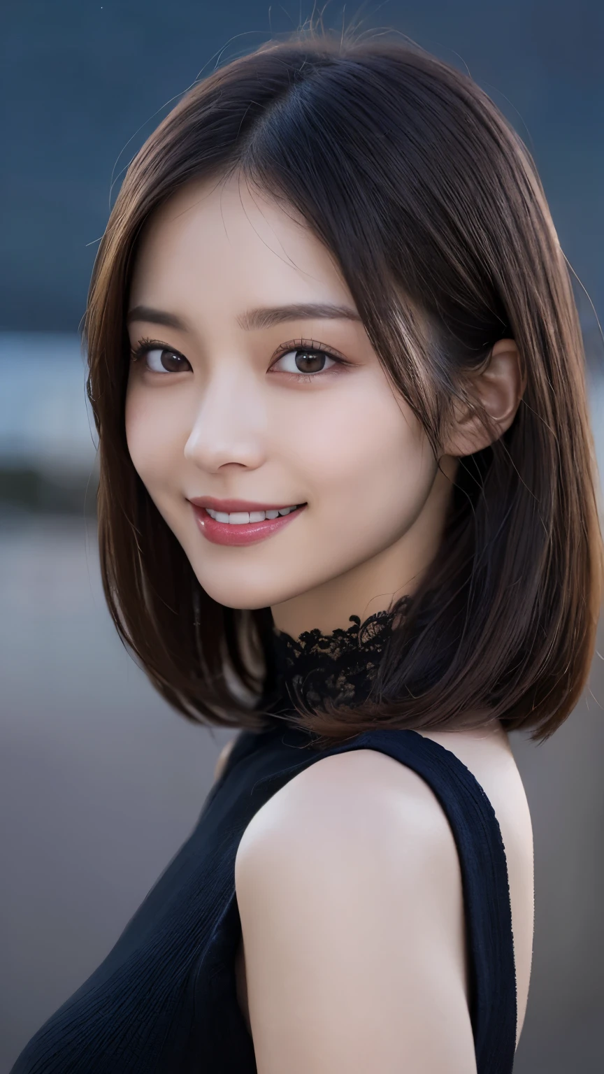 Body portrait, 8K, thin and beautiful eyes, Dindal effect, masterpiece, top quality, high quality, high resolution, very detailed photo, (natural skin texture, fine skin, hyper realism, super sharpness), high detail skin, (very fine, fine skin texture, intricate details, beautiful face, (realistic face), realistic eyes, beautifully detailed eyes, realistic skin, beautiful skin, surreal, very detailed Golden ratio, smiling eyes, ((night moonlight background) )), body portrait, G cup, big breasts, huge breasts, big breasts, glamorous, sexy knit dress,