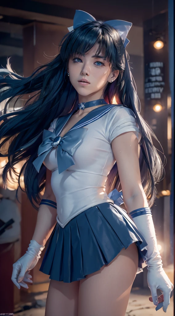 masterpiece, blushing, feeling pain, suffering from arm being bitten by enemy, dynamic and intense scene, background with sound waves, eyes closed,Highest quality, High resolution, Mercury 1, One girl, alone, Sailor Warrior Uniform, Sailor Mercury, Mizuno Ami,short hair, Blue Hair, Magical girl, blue eyes, Blue Skirt, Elbow hand pockets, tiara, Pleated skirt, Blue Sailor Collar, mini skirt, choker, blue choker, White gloves, Short Hair,  jewelry,  Earrings, Cowboy Shot,More detailed 8K.Unreal Engine:1.4,超High resolution,La Highest quality:1.4, Realistic:1.4, Skin Texture:1.4, masterpiece:1.8,first work, Highest quality,Object Object], (Detailed facial features:1.3),(Fine hand:1.4),(Apocalyptic destroyed cityscape:1.4)