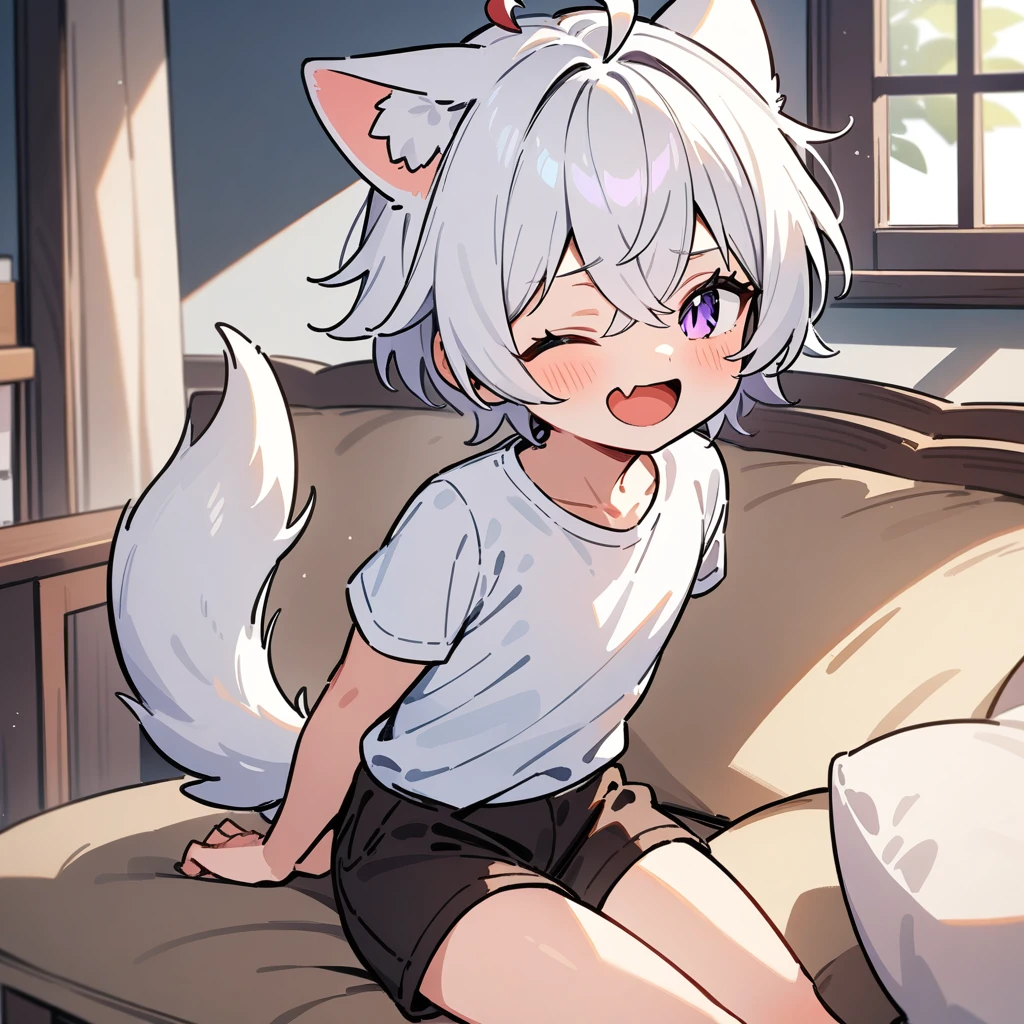 （masterpiece：1.2，high quality），4K，High resolution，A seven-year-old boy，cute boy， white hair，short hair，crossed bangs，purple eyes，slit pupils，one eye closed，heart ahoge，red halo，cat ears，laughing，skin fang，Wearing a white shirt，dark brown shorts，Sitting on the sofa，Next to it is the window，curtain，primary school student，thigh，alone，dog tail，((Hands behind your back))