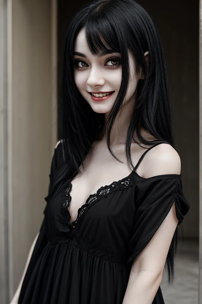 Short and messy black hair girl with dark look pale skin color, and a psychotic smile, beautiful but scary face, with some black marks on her face and she has a long black dress that has no sleeves and is short, estilo manga kny