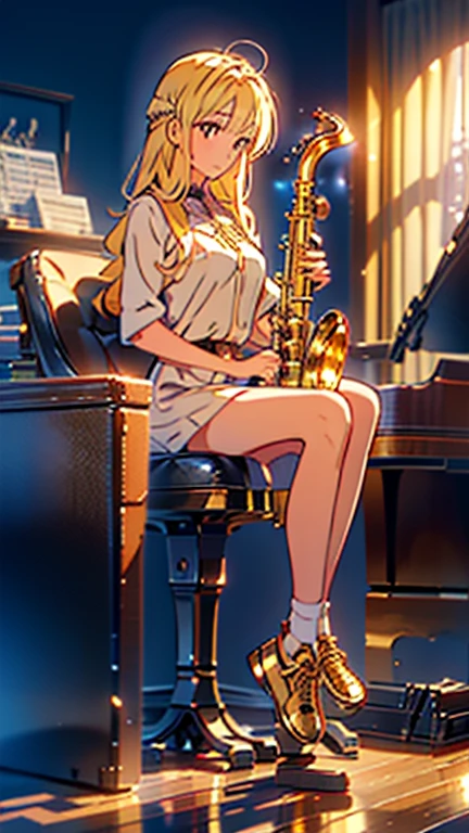 highly detailed, 8K, masterpiece, best quality, cold expressions, no expressions, pretty teenager girl, plain skin, red eyes, eye highlight, ((blonde hair)), gold hair, long hair, parade outfit, thin, ((full body scene)), ((full body)), ((full body angle)), pretty girl, smile, (big-breasts:1), ((large chest)), ((sitting and playing saxophone)), music studio background, music studio scenario, (Ultra High Resolution: 1.2), (RAW Photo: 1.2)
