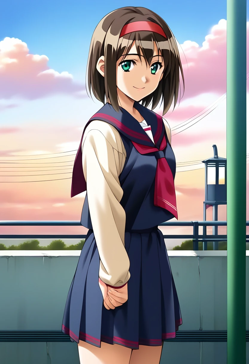 yuuri,score_9,score_8_up,score_7_up,source_anime,1girl,solo,looking_at_viewer,gentle girl,hairband,smile,:d,,serafuku,long sleeves,white socks,outdoors,sky,day,school,standing,arms_behind_back,looking_back,