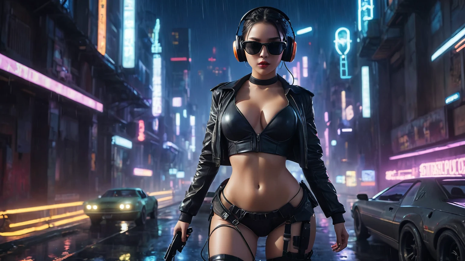 (aerial view, a flying cars docking platform, a very dark abandoned futuristic city, neon lights), rainy night. 1girl, solo, alone, large-breast:1.2 slim body, cleavage:1.1, sexy wind blowing wet dress:1.4, (headphone, black sunglasses), (((((she raised:1.8 a pistol:1.8 and took aim))))), dynamic pose, (((half-body thigh level medium shot))), cinematic lighting, lens flare, ray tracing.