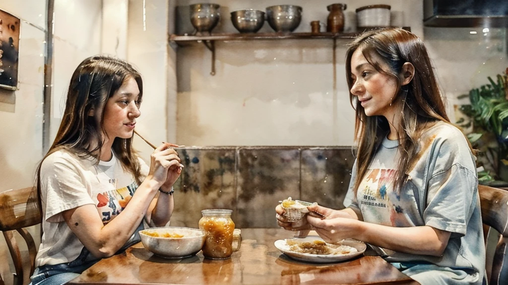 watercolor, A woman around 35 years old, with medium-length hair, wearing a t-shirt and jeans, is sitting across from a 20-year-old woman with medium-length hair, wearing a dress. They are at a Chinese congee shop, each eating a bowl of congee, and engaged in a deep conversation.