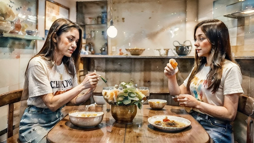 watercolor, A woman around 35 years old, with medium-length hair, wearing a t-shirt and jeans, is sitting across from a 20-year-old woman with medium-length hair, wearing a dress. They are at a Chinese congee shop, each eating a bowl of congee, and engaged in a deep conversation.