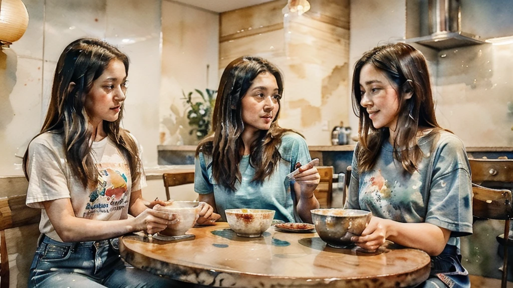 watercolor, A woman around 35 years old, with medium-length hair, wearing a t-shirt and jeans, is sitting across from a 20-year-old woman with medium-length hair, wearing a dress. They are at a Chinese congee shop, each eating a bowl of congee, and engaged in a deep conversation.