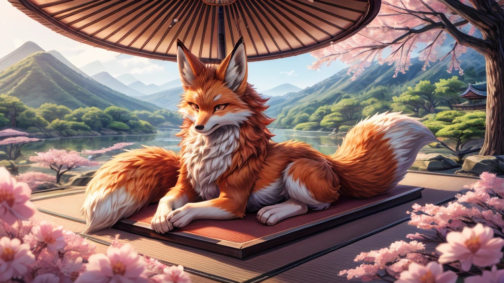 Beautiful Japanese landscape, High Definition, beautiful japanese kitsune, finely detailed, cunning bitch, fox face elongated snout add_detail,in the spring hanami add_detail:1 mistycal aura,