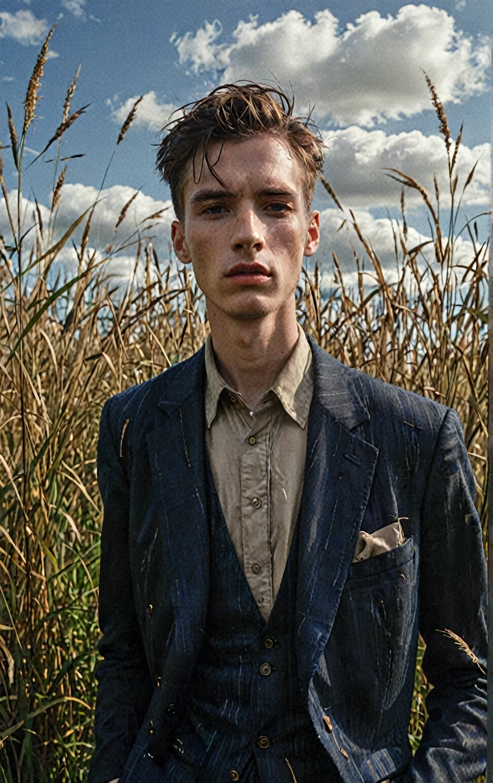 a man stands surrounded with tall grass, in the style of fashion photography, scottish landscapes, light bronze and dark blue, deconstructed tailoring, genderless, close-up shots, brooding mood --ar 132:161 --s 750 --v 5.2